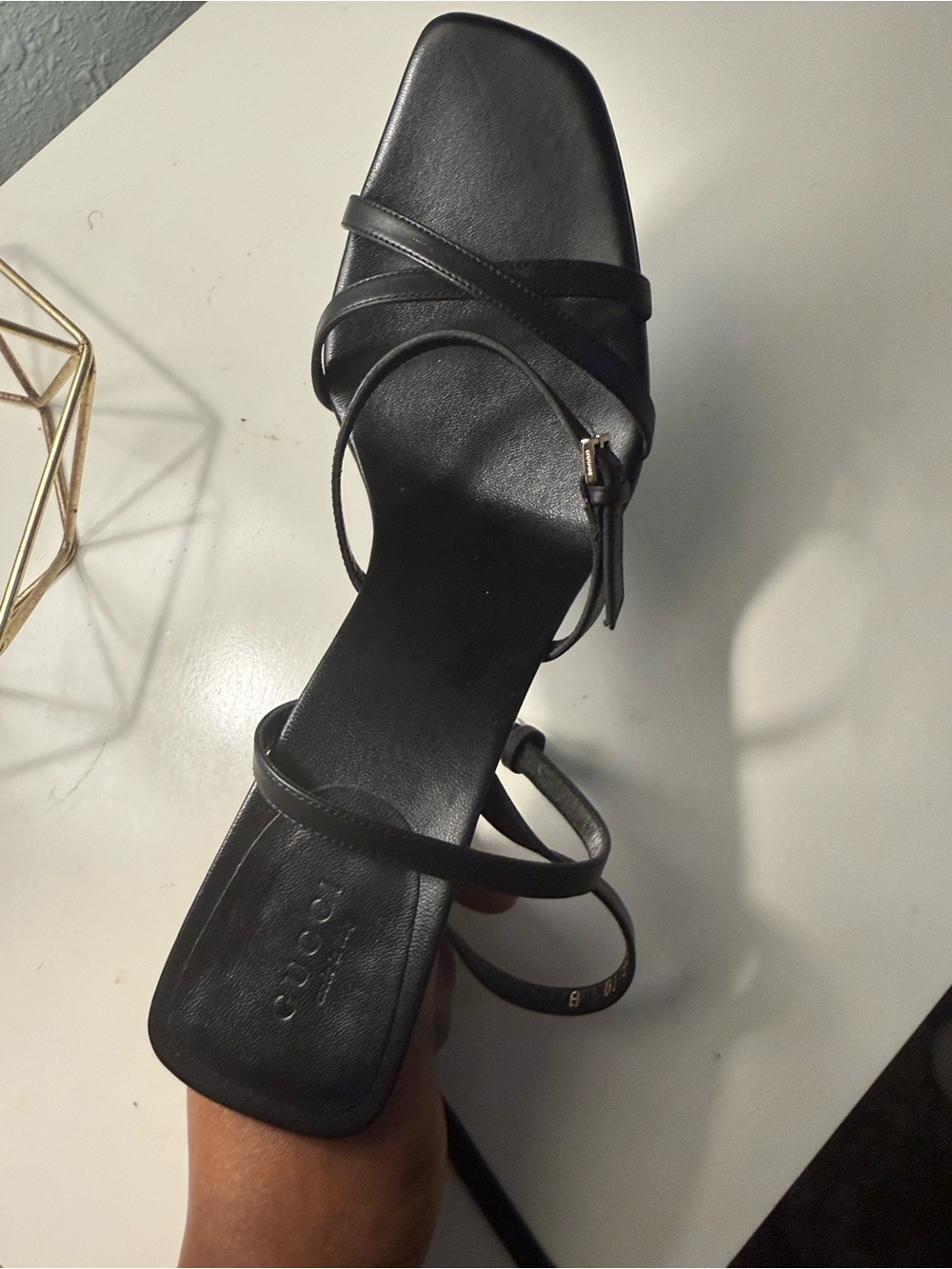 Gucci Black Leather Square-Toe Strappy Heel Sandal